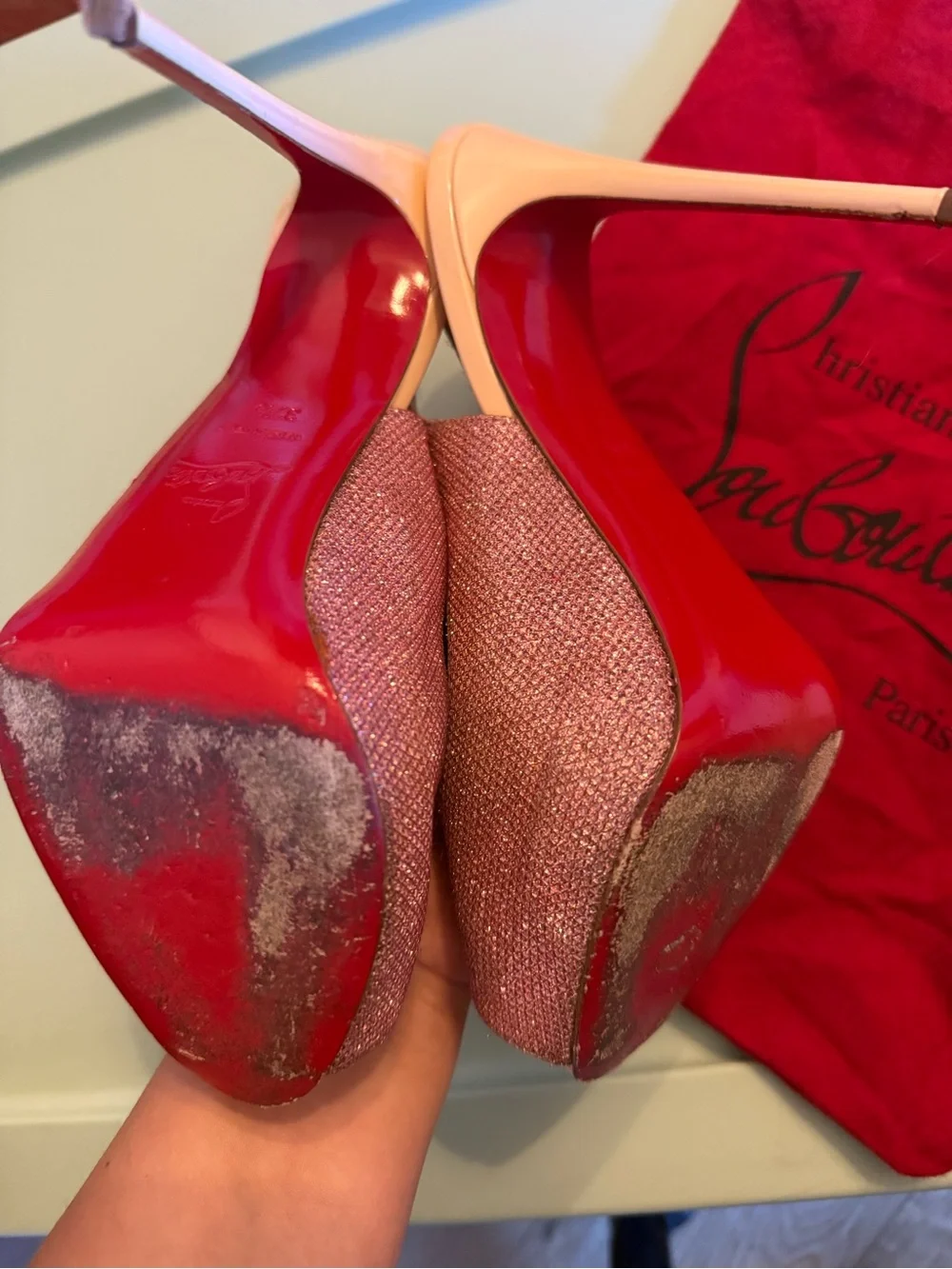 Christian Louboutin Sparkling Pink Peep-Toe Slingback Heels